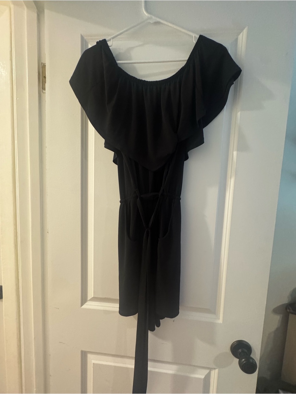 Veronica M. Black Off-Shoulder Ruffle Tie Mini Romper